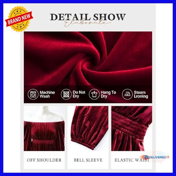 Velvet Off Shoulder Peplum Blouse Long Sleeve Elegant Evening Top - Picture 6 of 8